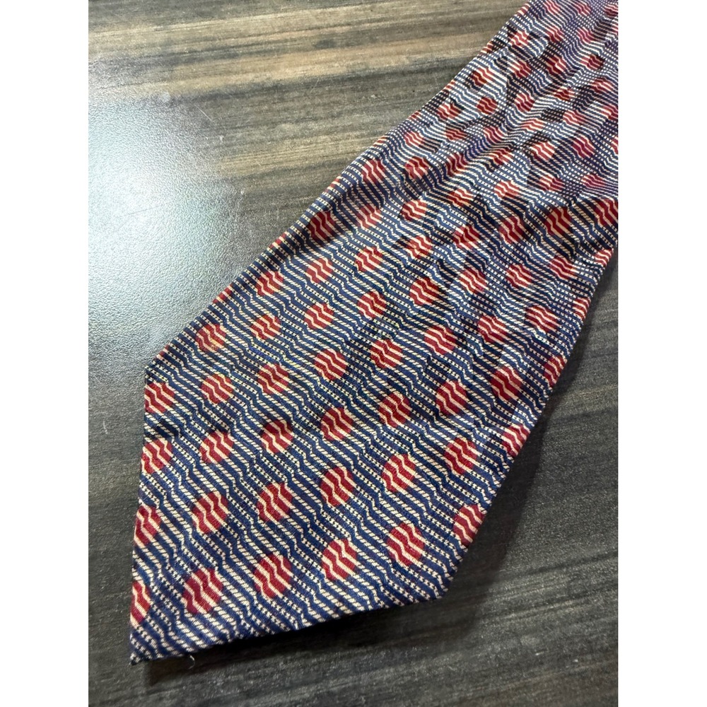 Ron Chereskin Mens Silk Necktie Navy Blue Red Gold Geometric Wavy Circle Pattern